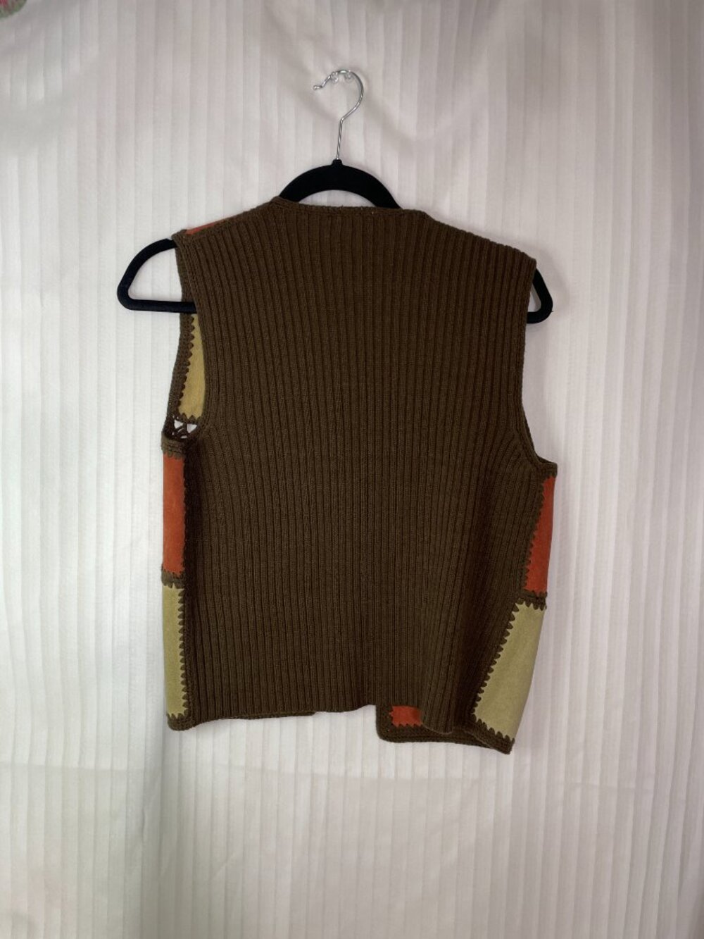 Vintage Genuine Suede Patchwork Sweater Vest Brown Tan Rust Orange Crochet Trim - Picture 7 of 7